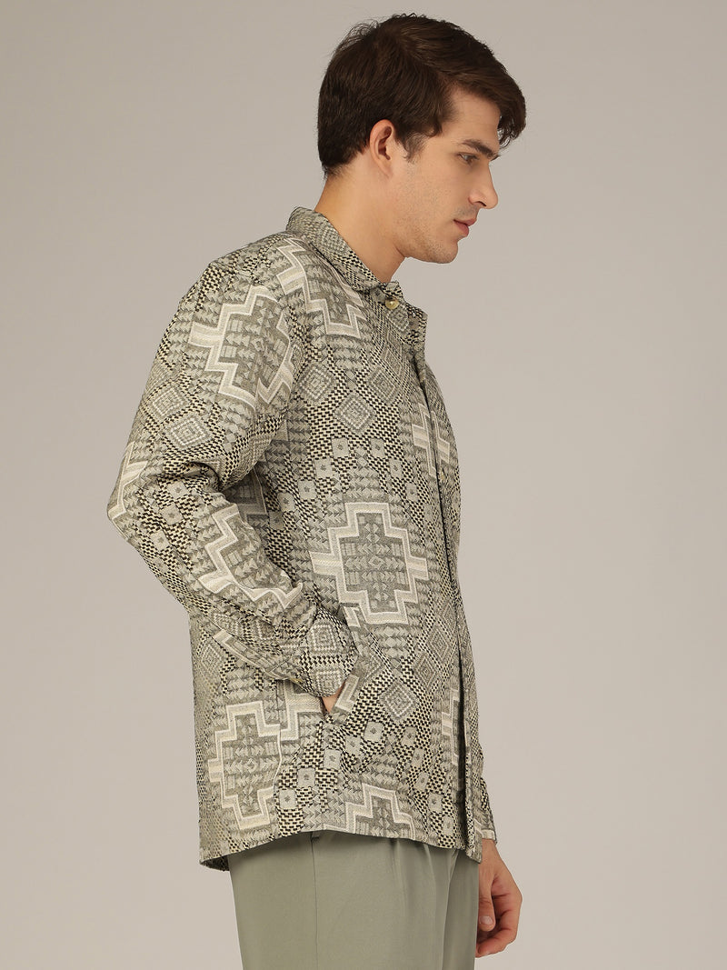 Cream & Olive: Jacquard Printed Oversized Drop-Shoulder Shacket