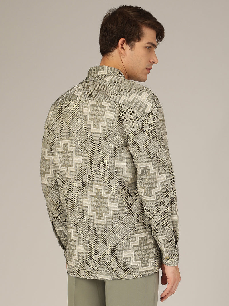 Cream & Olive: Jacquard Printed Oversized Drop-Shoulder Shacket