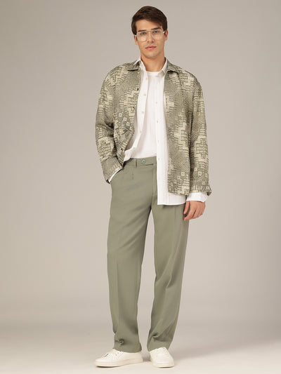 Cream & Olive: Jacquard Printed Oversized Drop-Shoulder Shacket