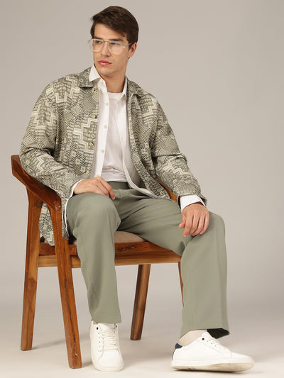 Cream & Olive: Jacquard Printed Oversized Drop-Shoulder Shacket