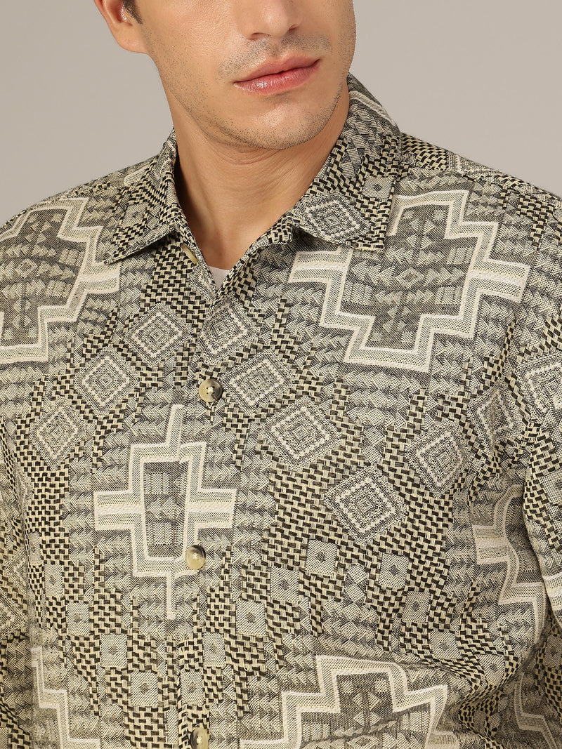 Cream & Olive: Jacquard Printed Oversized Drop-Shoulder Shacket