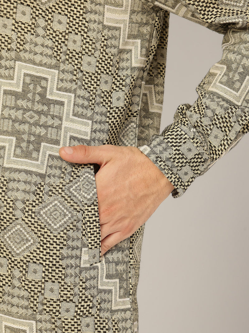 Cream & Olive: Jacquard Printed Oversized Drop-Shoulder Shacket