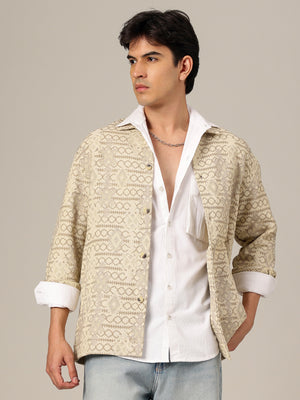 Cream: Jacquard Printed Oversized Drop-Shoulder Shacket
