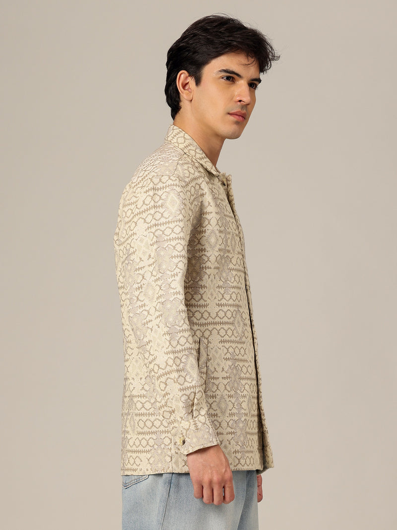 Cream: Jacquard Printed Oversized Drop-Shoulder Shacket