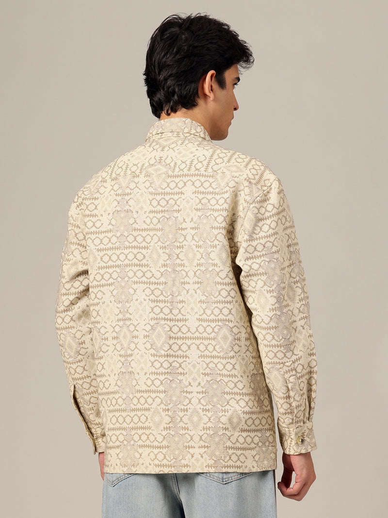 Cream: Jacquard Printed Oversized Drop-Shoulder Shacket