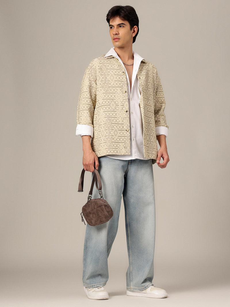 Cream: Jacquard Printed Oversized Drop-Shoulder Shacket