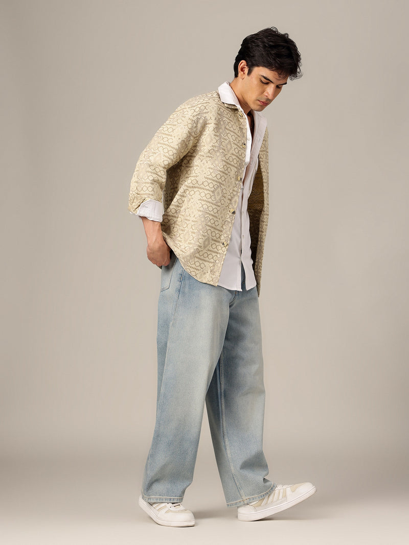 Cream: Jacquard Printed Oversized Drop-Shoulder Shacket