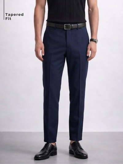 Men Navy Blue Tapered Fit Trousers