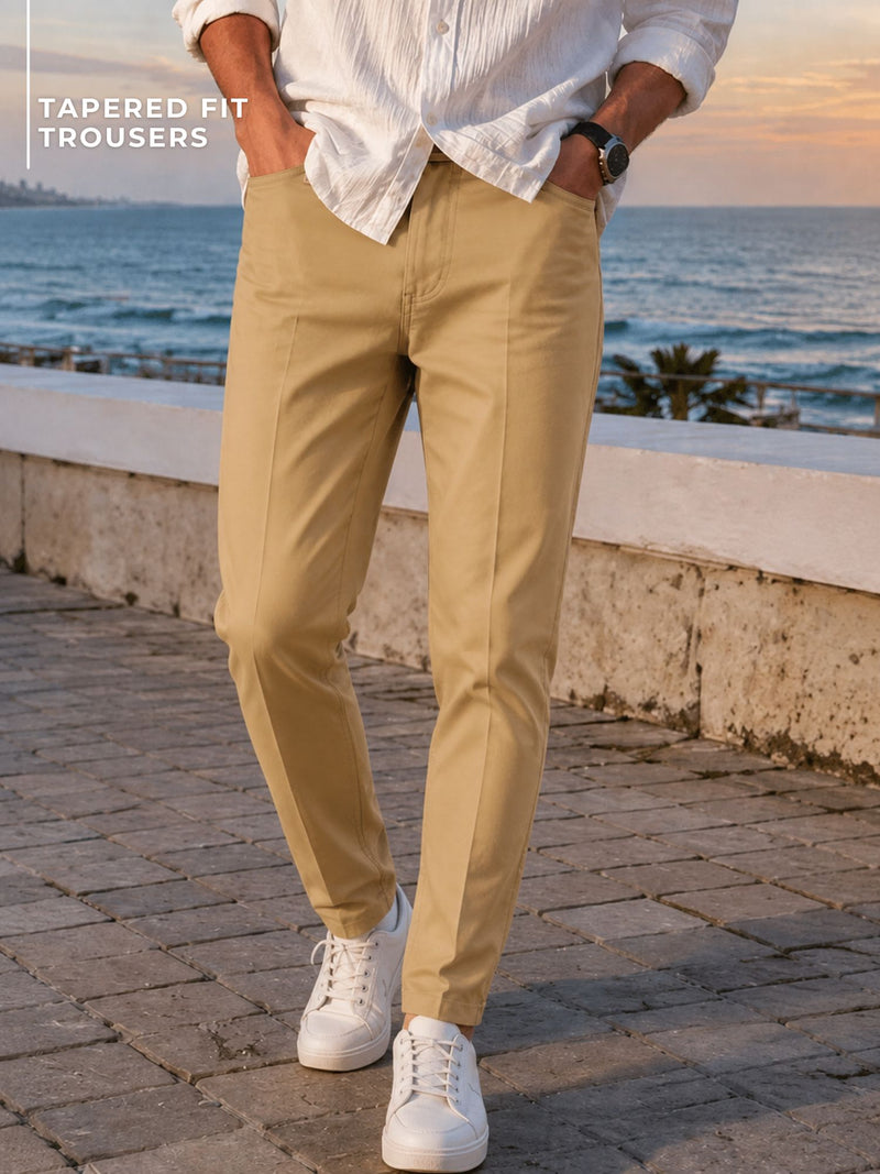 Beige: Smart Tapered Fit Trousers