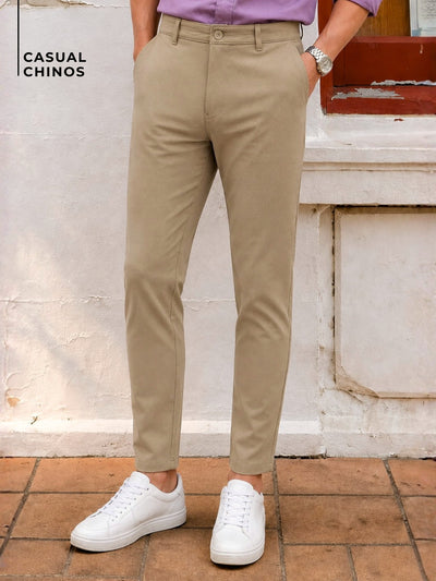 Beige: Textured Stretchable Chinos
