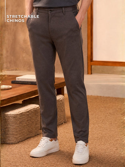Brown: Textured Stretchable Chinos
