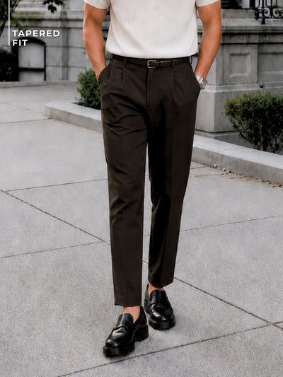 Brown Tapered Fit Pleated Trousers