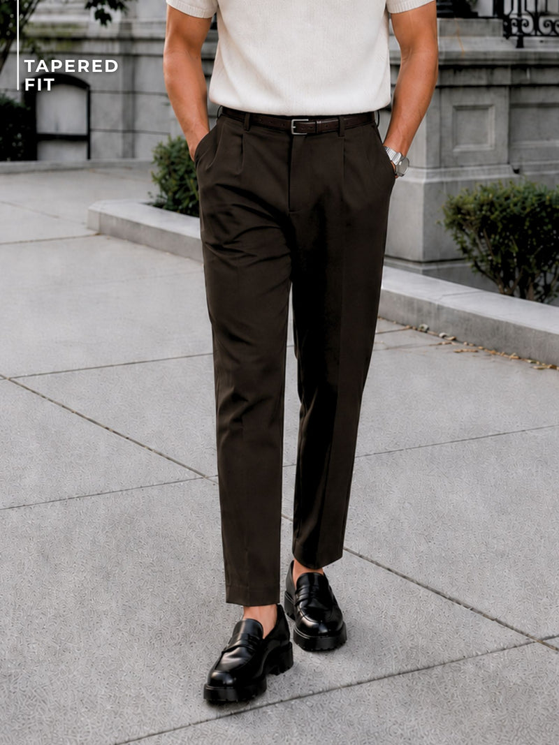 Brown Tapered Fit Pleated Trousers