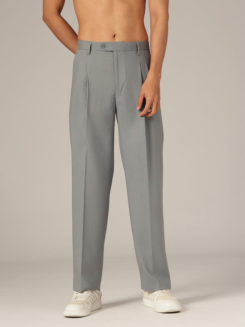 Grey: Striped Baggy Fit Korean Trouser