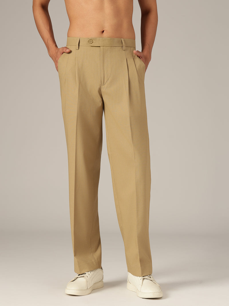 Beige: Striped Baggy Fit Korean Trouser