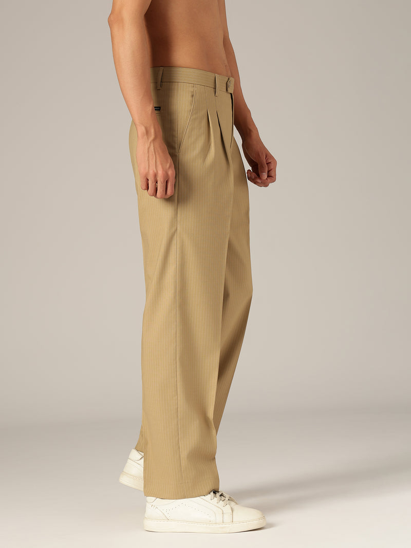 Beige: Striped Baggy Fit Korean Trouser