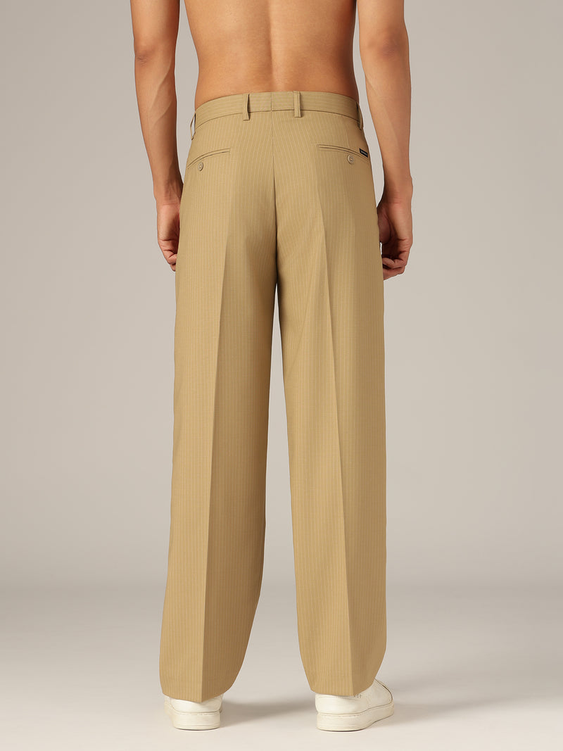 Beige: Striped Baggy Fit Korean Trouser