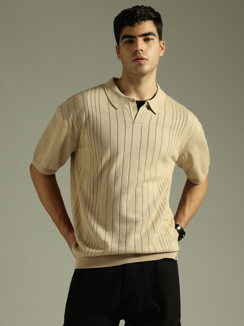 Beige: Relaxed Semi Sheer Polo T-Shirt