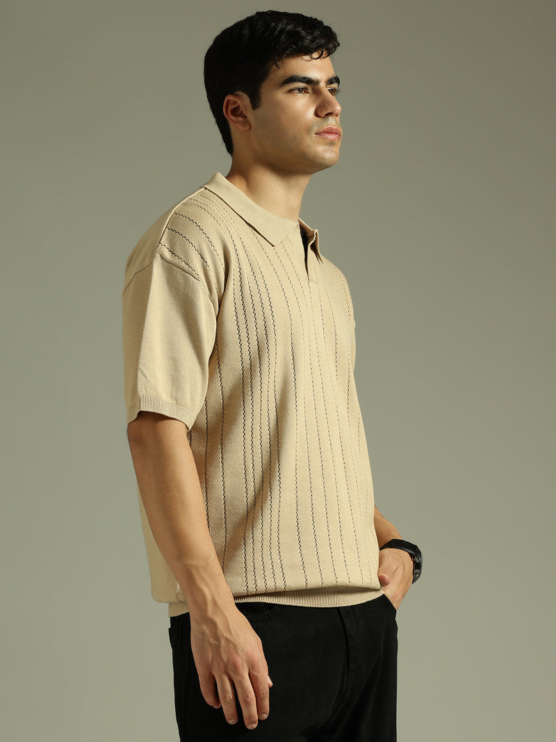 Beige: Relaxed Semi Sheer Polo T-Shirt