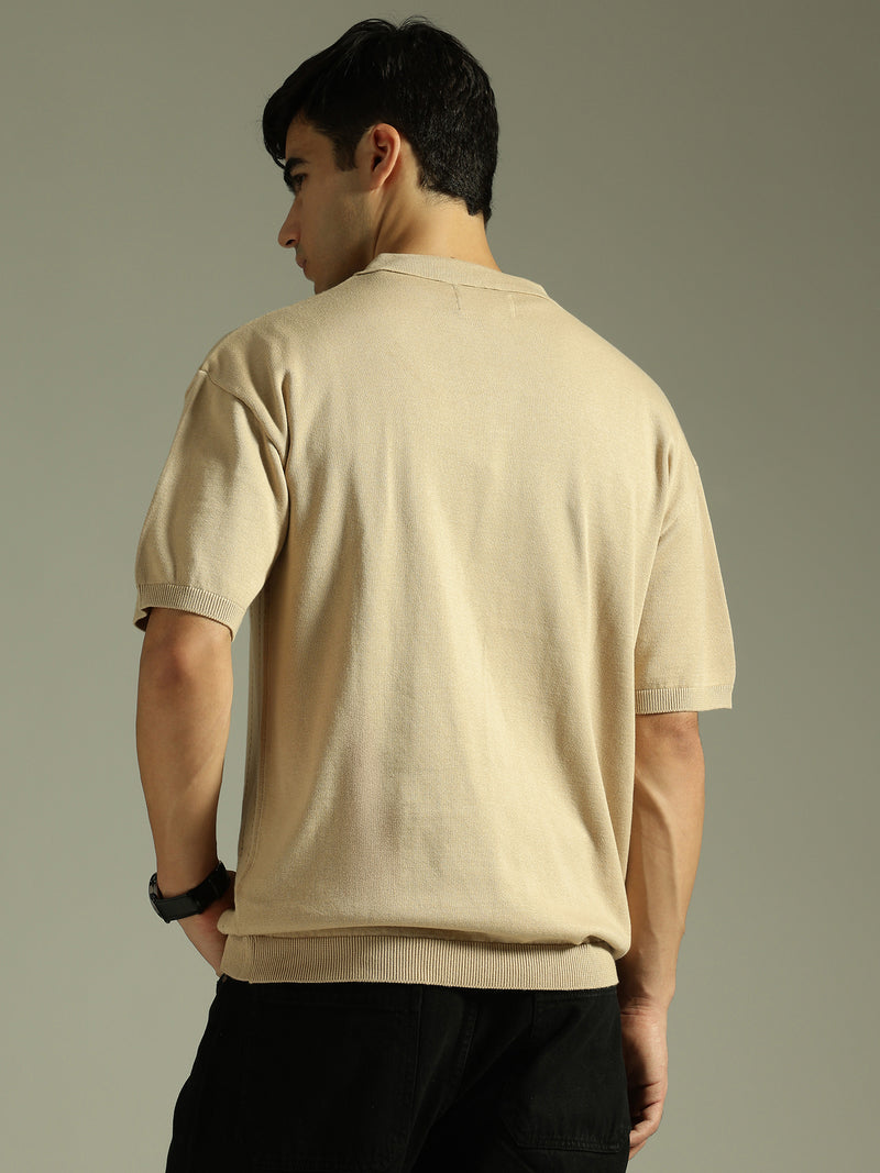 Beige: Relaxed Semi Sheer Polo T-Shirt