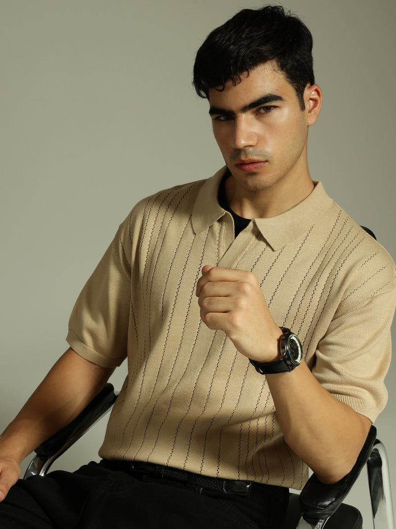 Beige: Relaxed Semi Sheer Polo T-Shirt