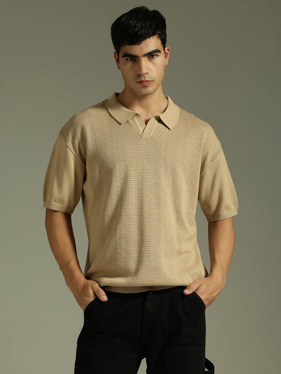 Light Brown: Relaxed Semi Sheer Polo T-Shirt