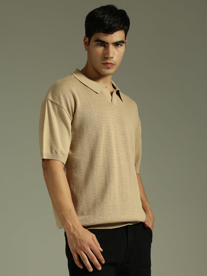 Light Brown: Relaxed Semi Sheer Polo T-Shirt