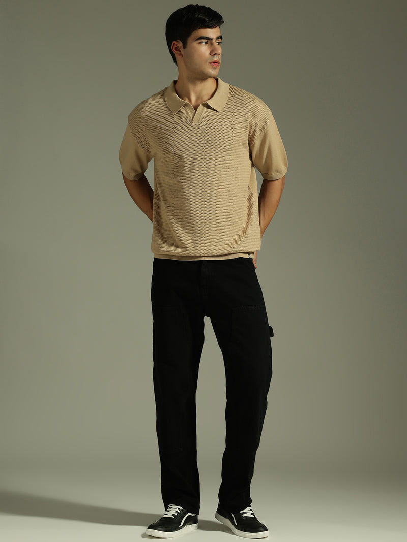 Light Brown: Relaxed Semi Sheer Polo T-Shirt