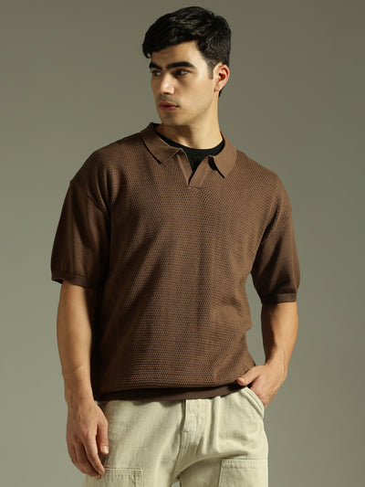 Choco Grey: Relaxed Semi Sheer Polo T-Shirt