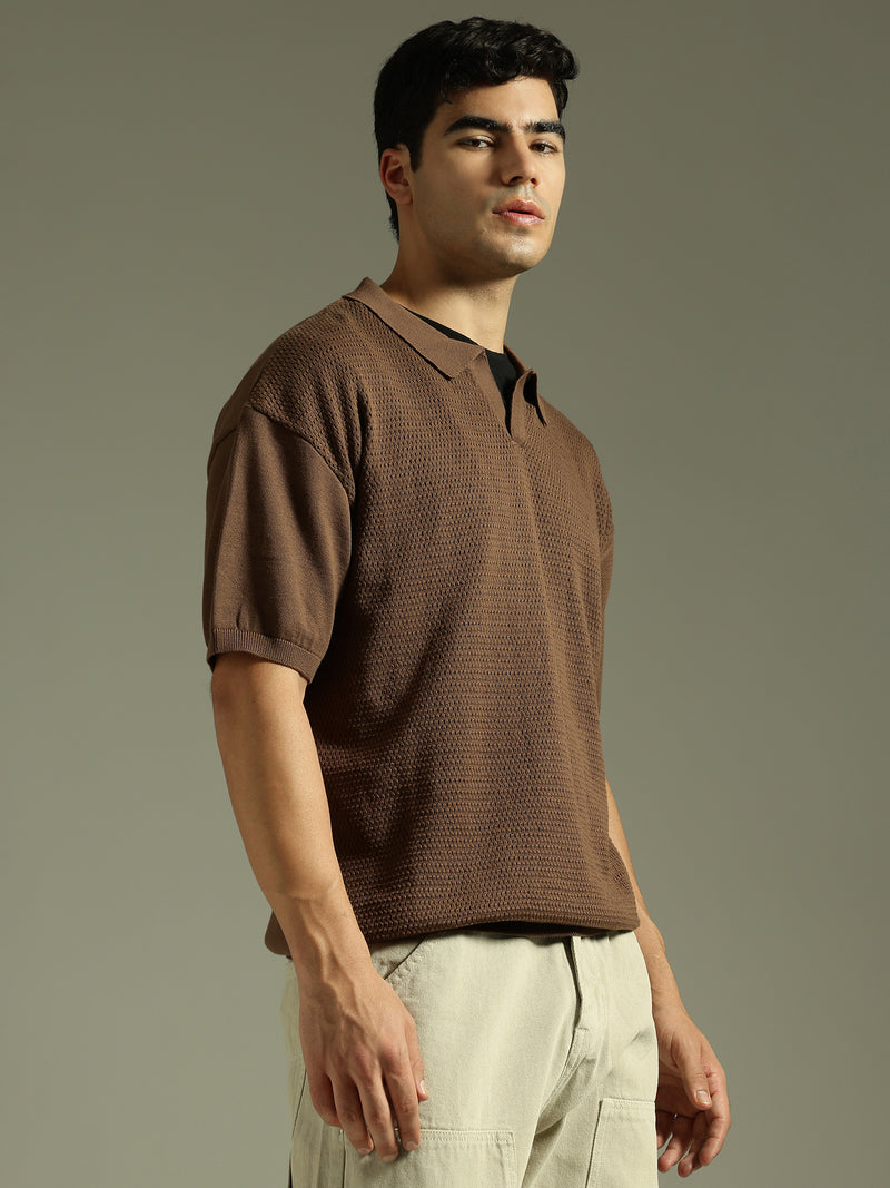 Choco Grey: Relaxed Semi Sheer Polo T-Shirt