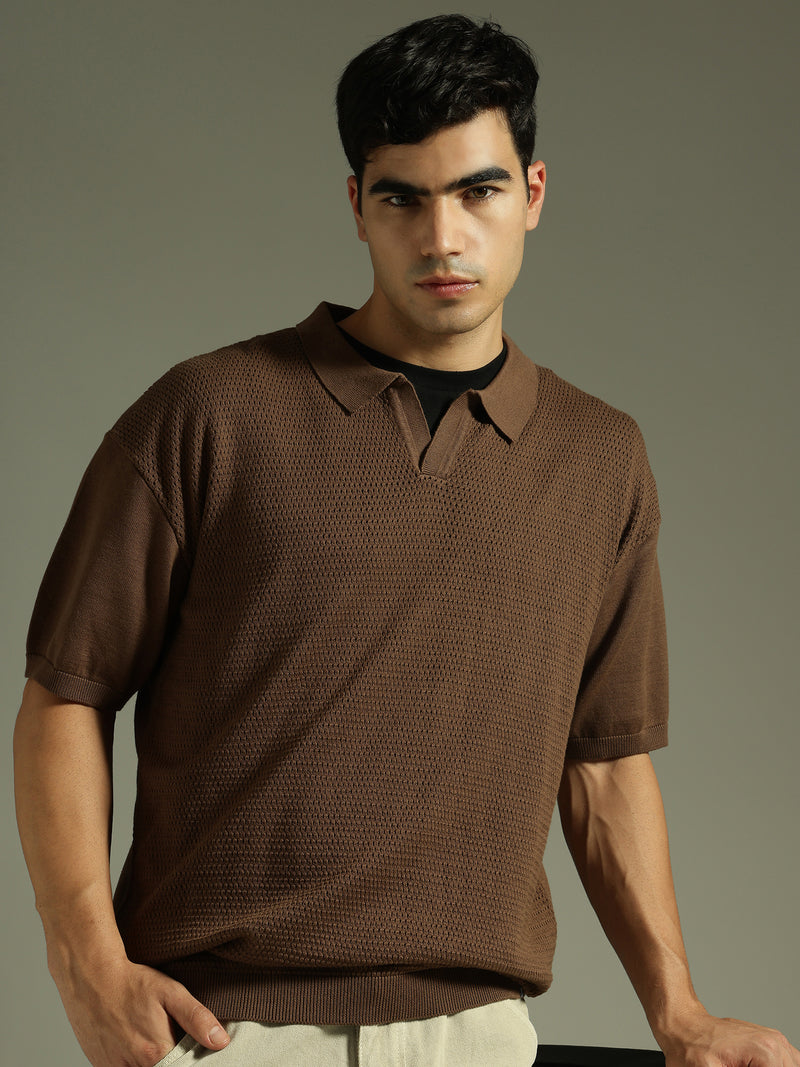 Choco Grey: Relaxed Semi Sheer Polo T-Shirt