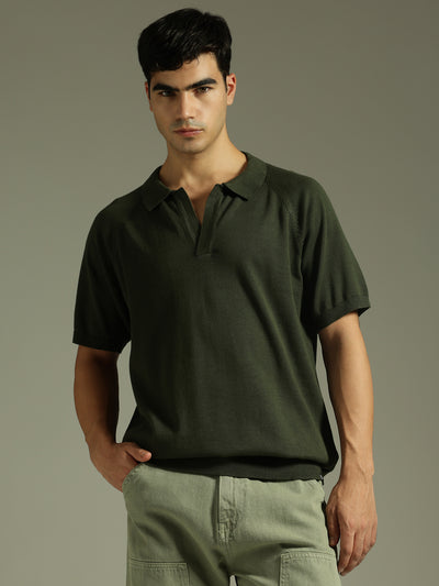 Olive: Relaxed Raglan Sleeves Polo T-Shirt