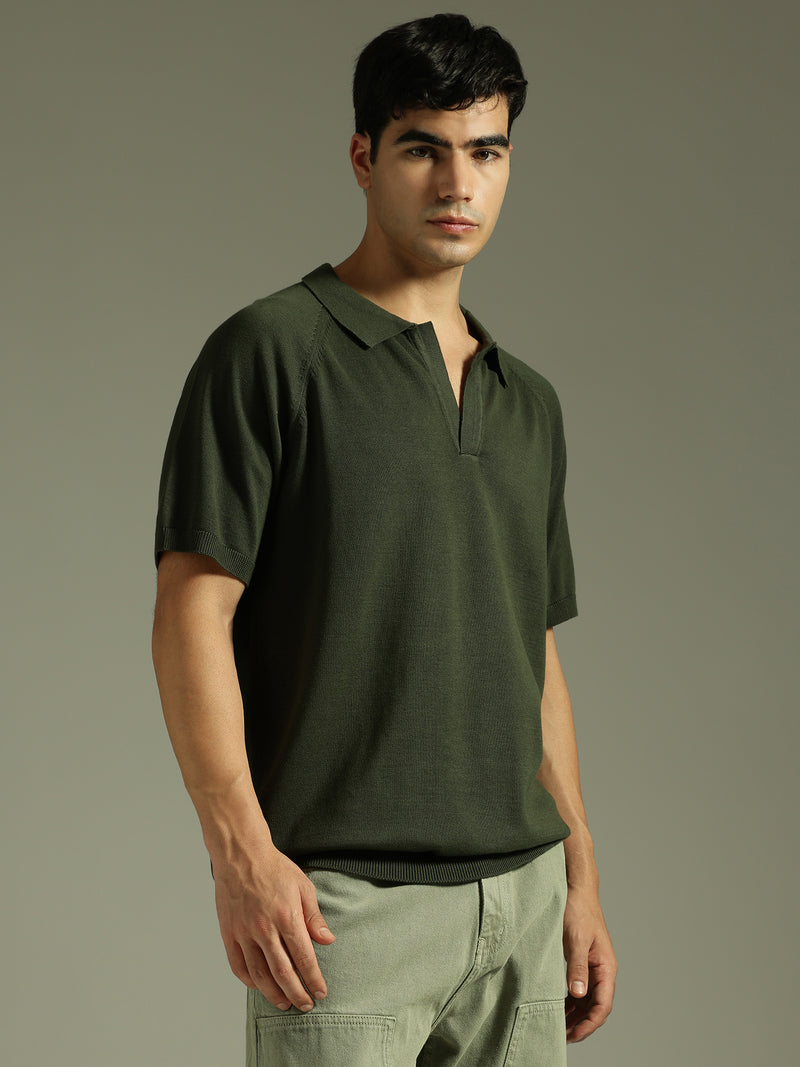 Olive: Relaxed Raglan Sleeves Polo T-Shirt