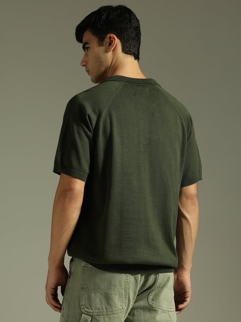Olive: Relaxed Raglan Sleeves Polo T-Shirt
