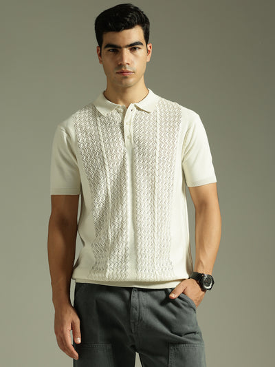 White: Relaxed Textured Polo T-Shirt