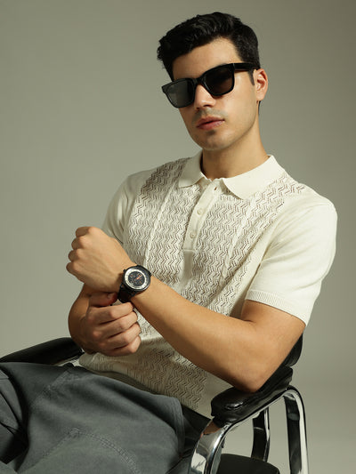 White: Relaxed Textured Polo T-Shirt