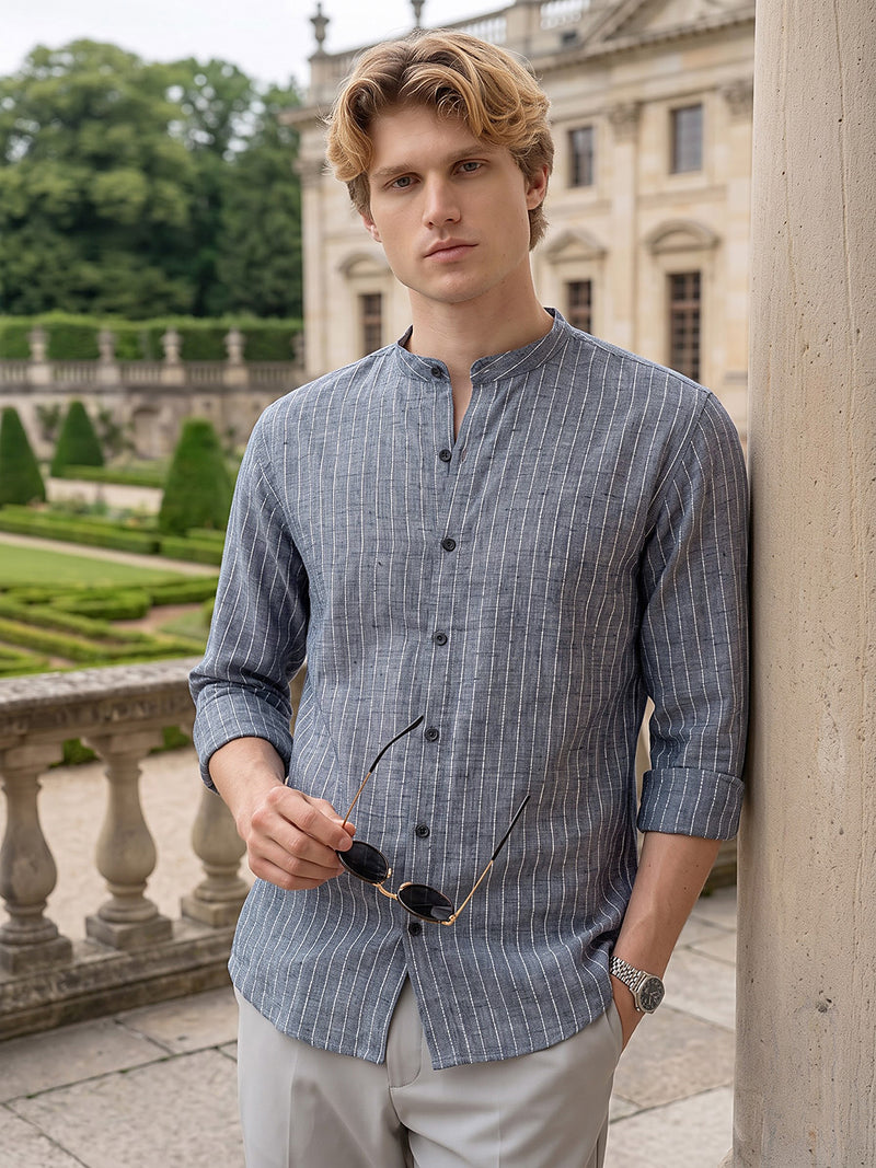 Vertical Striped Mandarin Collar Shirt