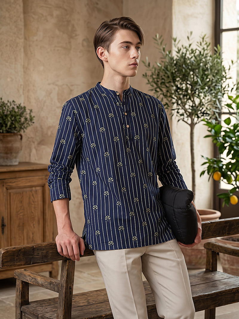 Mandarin Flower Striped Short Kurta