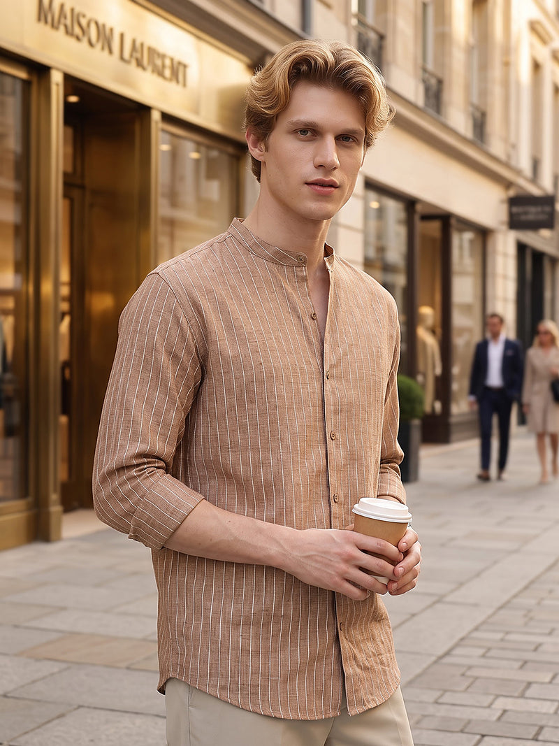 Vertical Striped Mandarin Collar Shirt