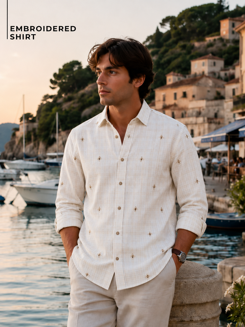 White & Beige Embroidered & Check Oversized Casual Shirt