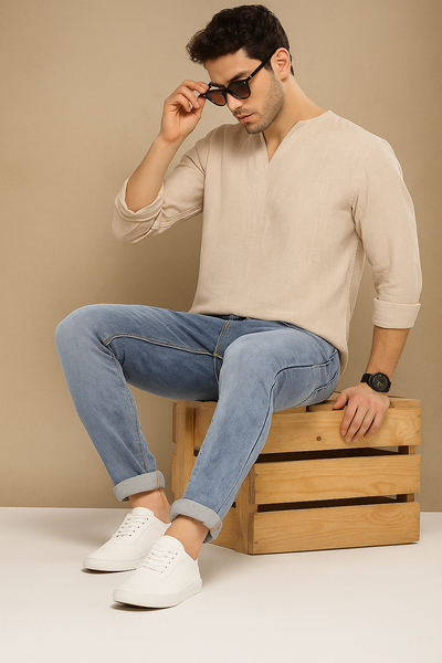 Beige: Comfort Fit Solid Shirt Style Kurta