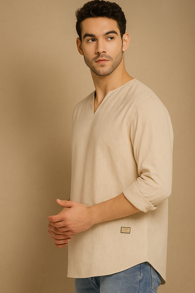 Beige: Comfort Fit Solid Shirt Style Kurta