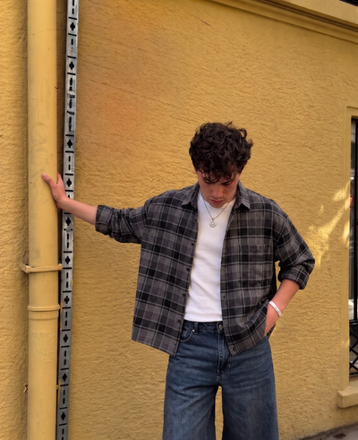 Black: Checkered Drop-Shoulder Oversized Casual Shirt