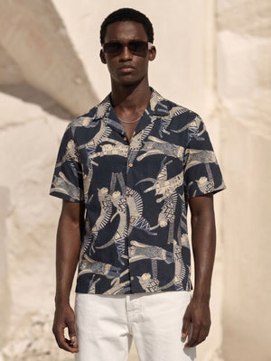 Dark Blue: Block Printed Drop Shoulder Oversized Shirt