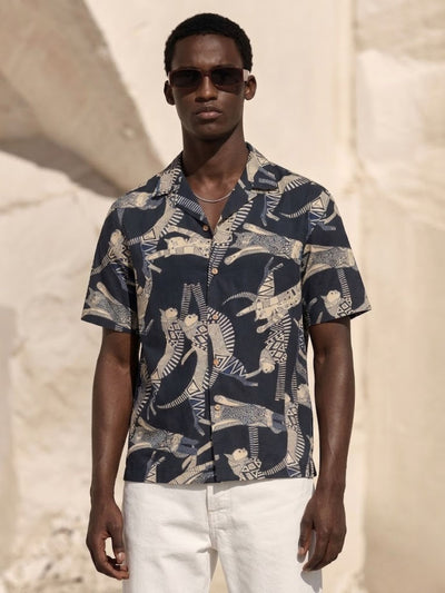 Dark Blue: Block Printed Drop Shoulder Oversized Shirt