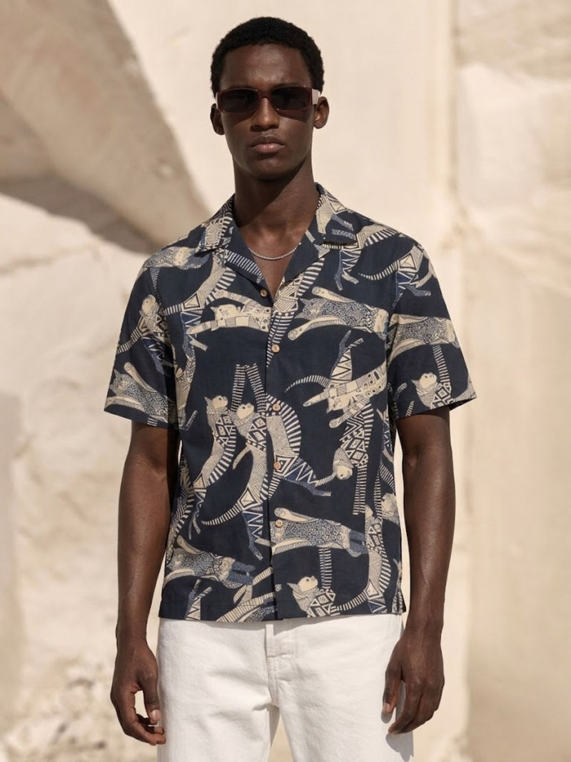 Dark Blue: Block Printed Drop Shoulder Oversized Shirt