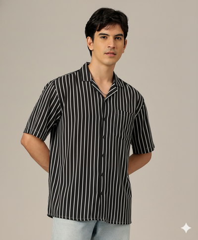 Men Black Striped Smart Slim Fit Casual Shirt