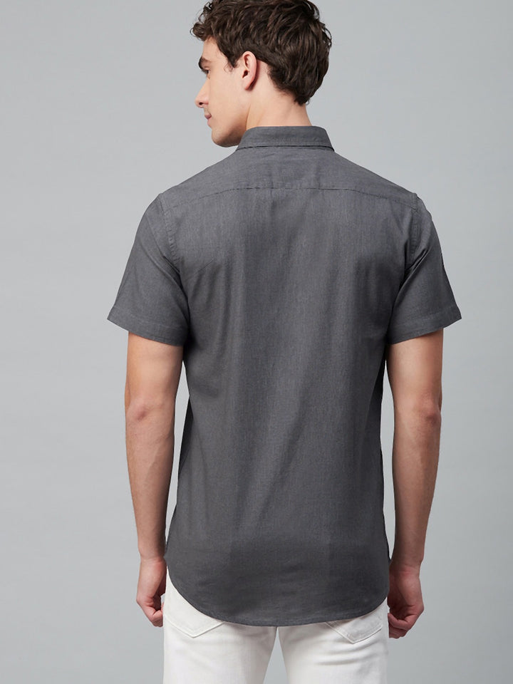 Men Charcoal Grey Smart Slim Fit Solid Cotton Linen Casual Shirt