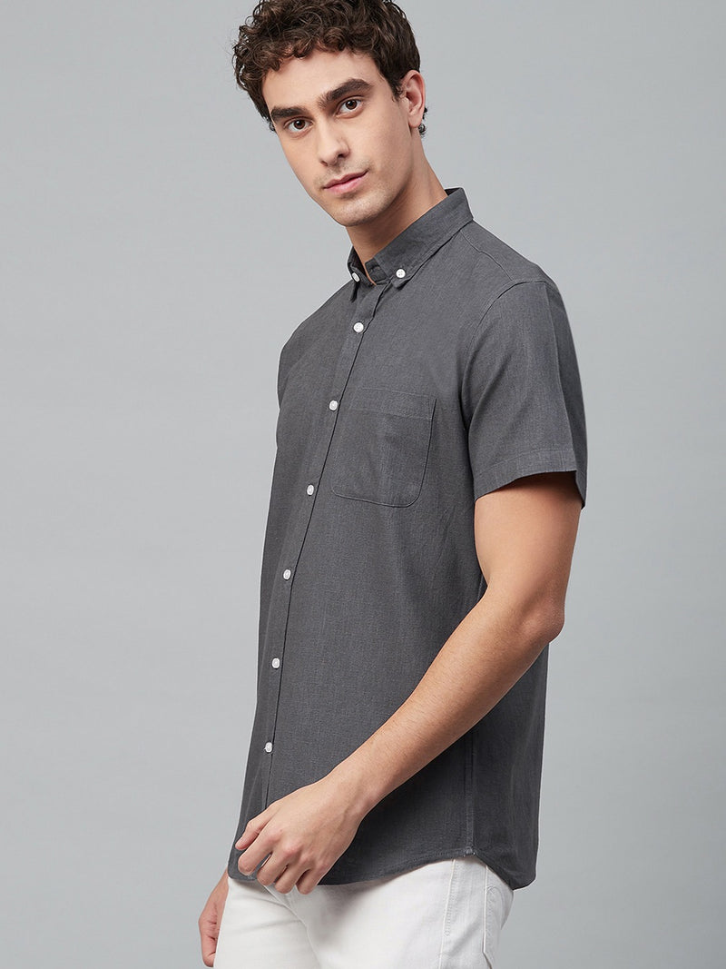 Men Charcoal Grey Smart Slim Fit Solid Cotton Linen Casual Shirt