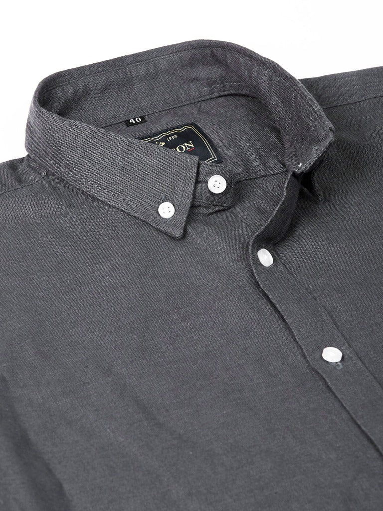 Men Charcoal Grey Smart Slim Fit Solid Cotton Linen Casual Shirt